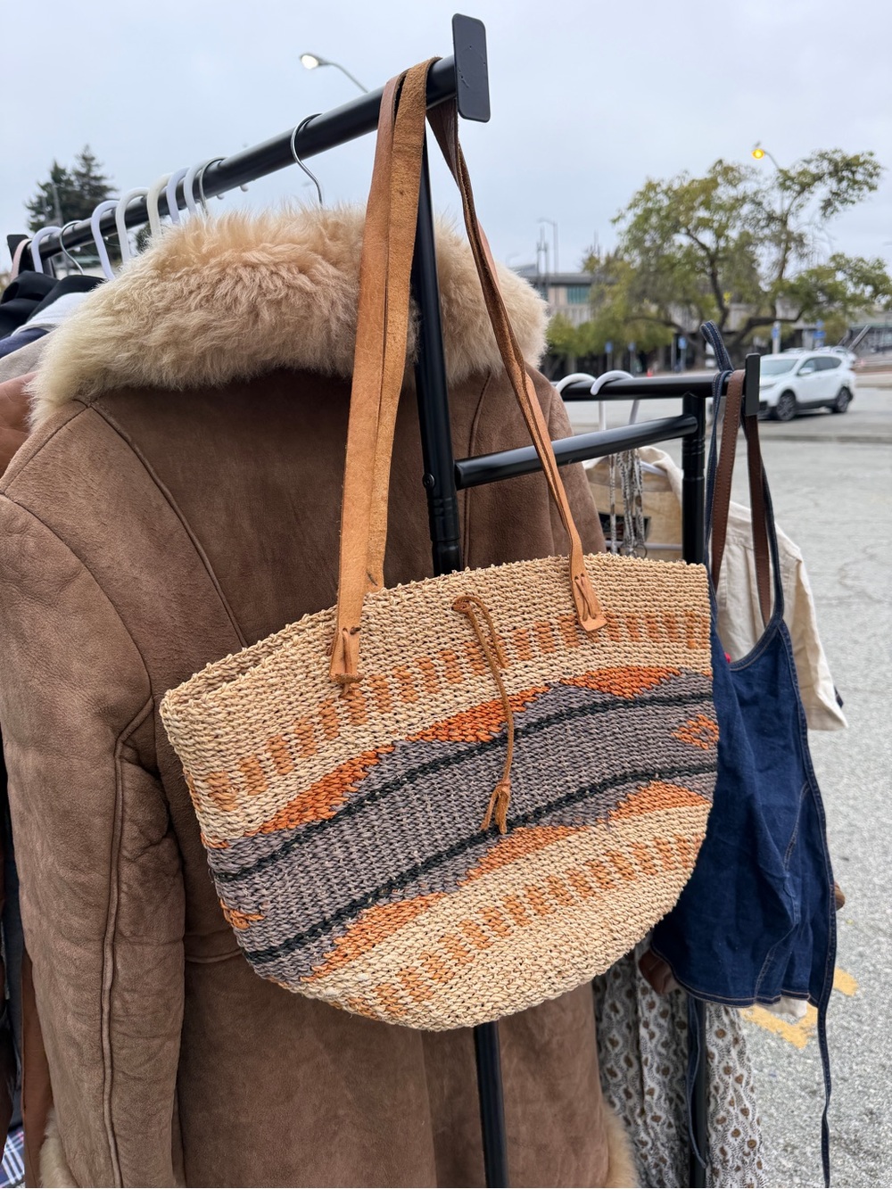 Woven Straw Tote Bag with Leather Handles - Tan & Orange Accent